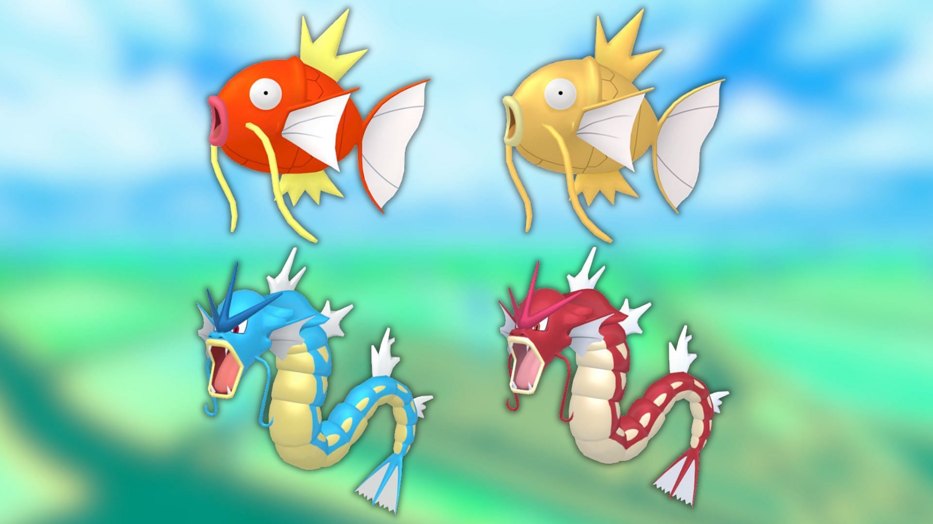 Magikarp's evolution line and their shiny variants (Image via The Pokemon Company)